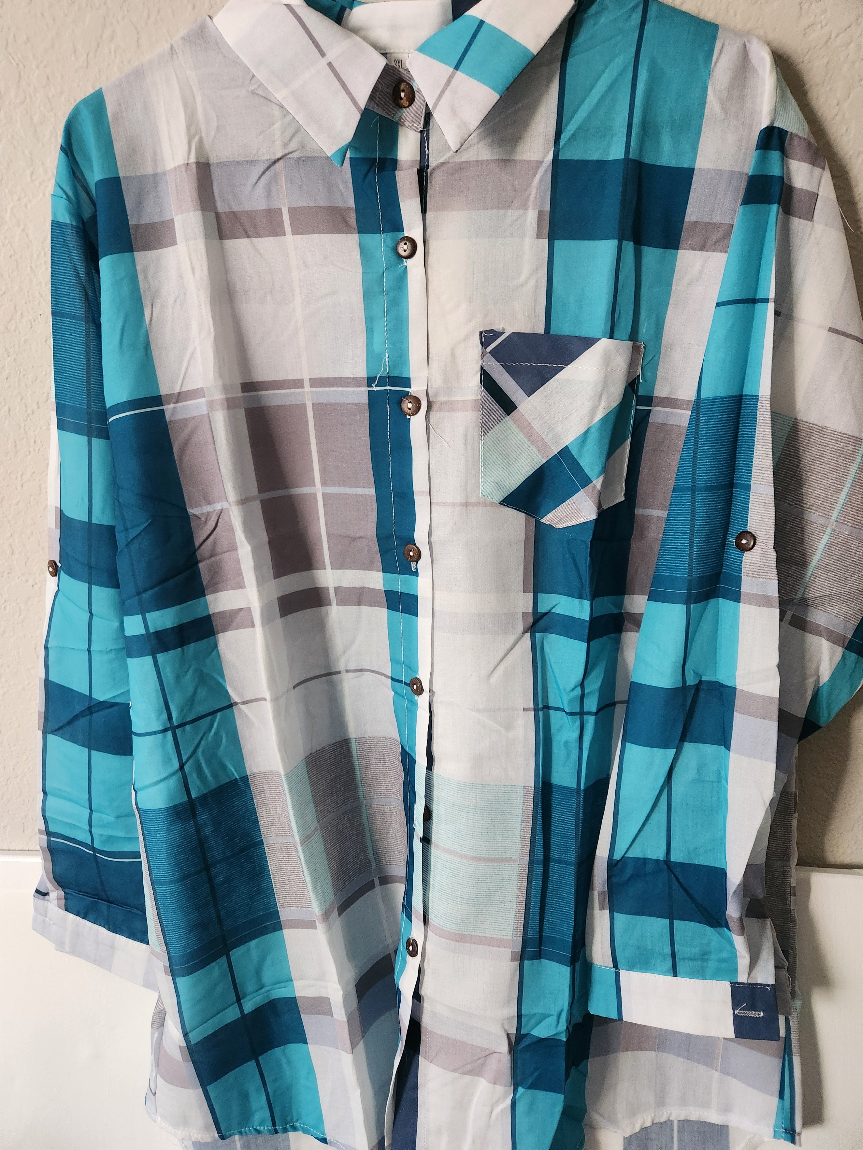 3XL Turquoise & Gray Plaid Button-Up Casual Shirt – Lightweight