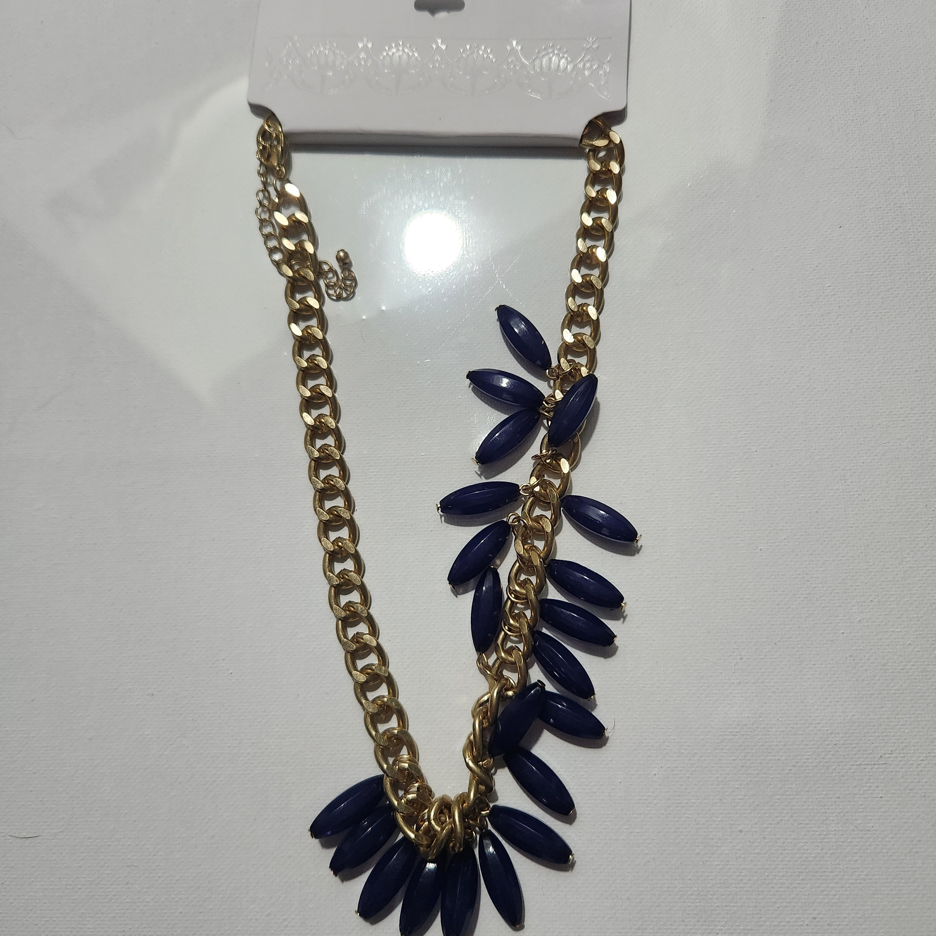Gold Chain Statement Necklace with Navy Bead Accents
