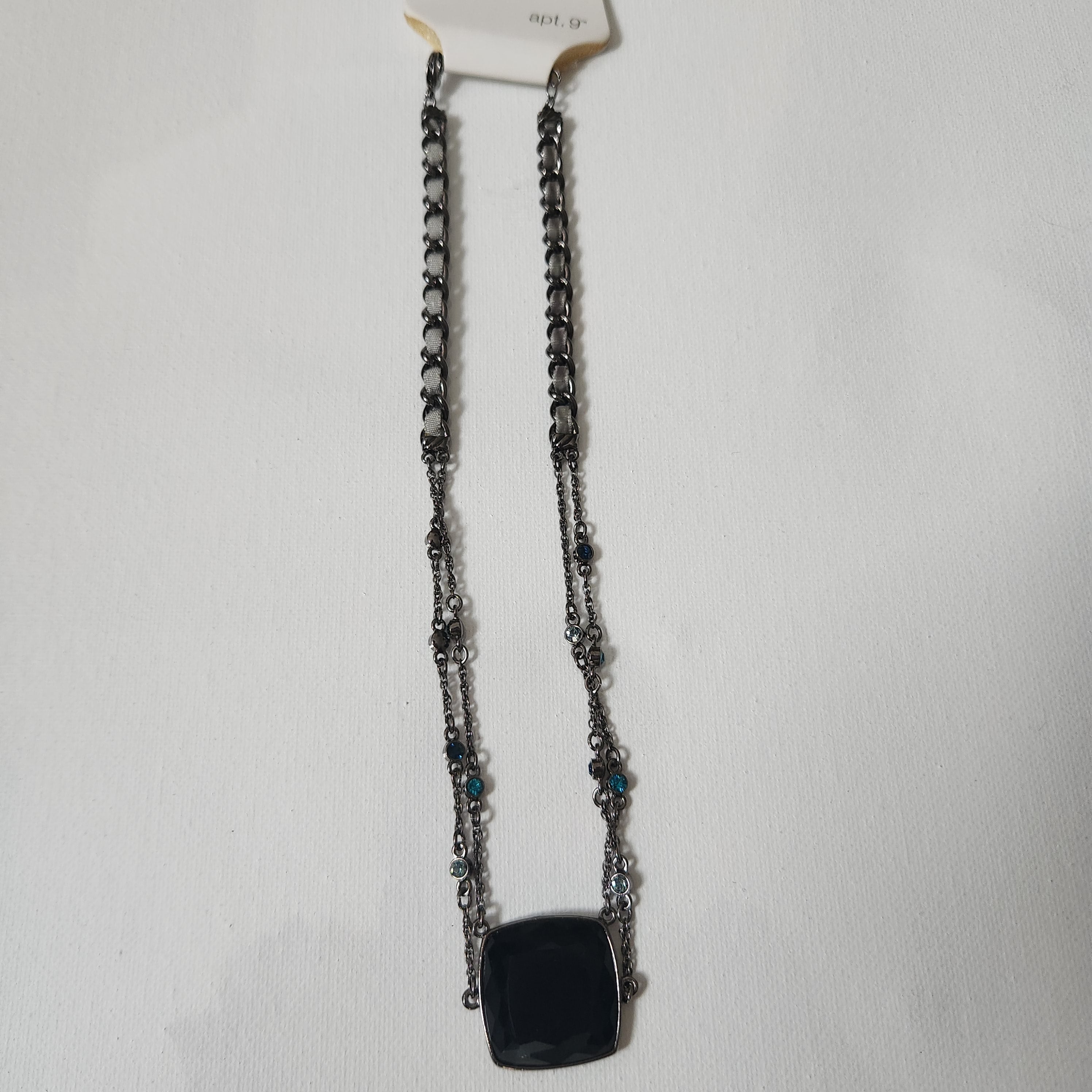 Gunmetal-Tone Necklace with Black Faceted Square Pendant