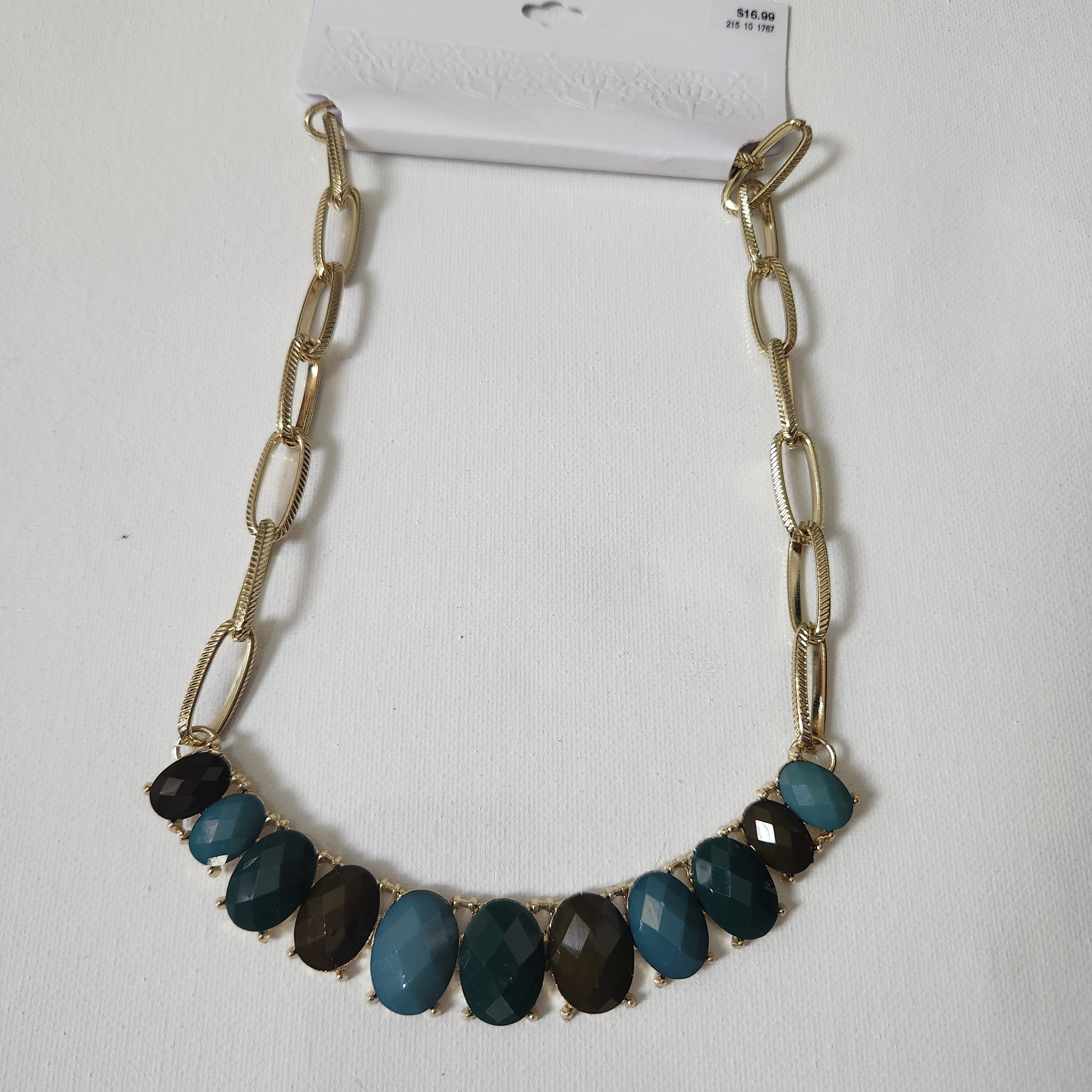 Gold-Tone Necklace with Teal and Brown Faceted Stones