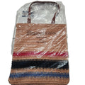 Striped Woven Paper Straw Tote Bag with Imitation Leather Handles